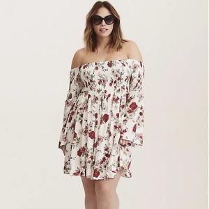 White floral smocked challis off shoulder torrid dress